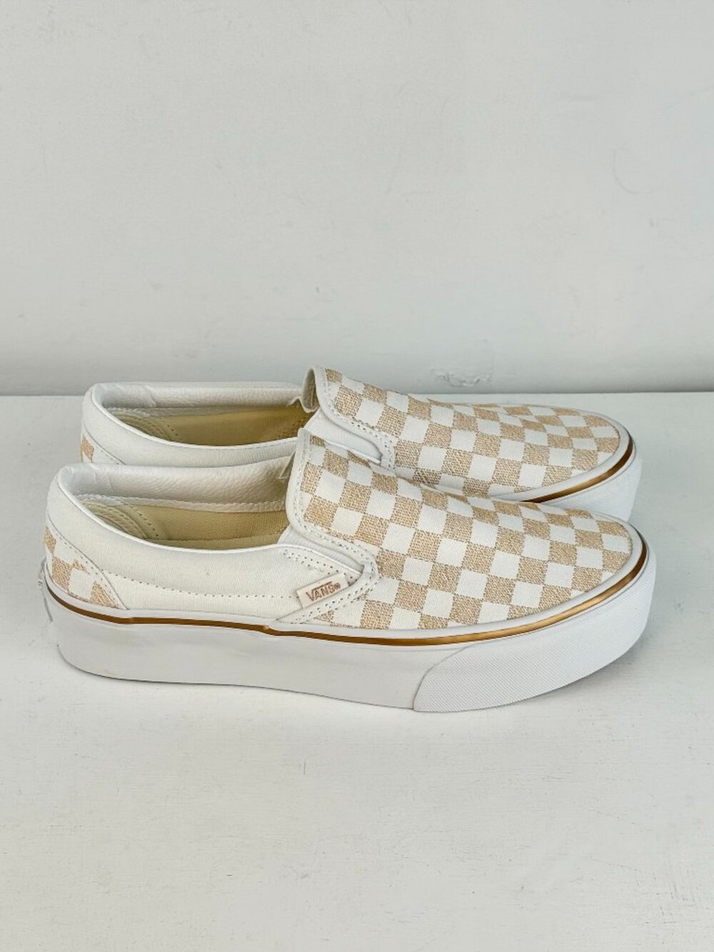M7 W8.5 - VANS Classic Slip-On Platform Metallic Checkboard Gold Sneaker